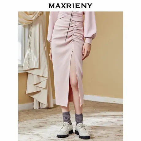 【奥莱】MAXRIENY高开叉抽褶包臀裙秋季高腰半身裙图片