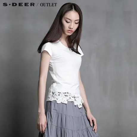 s.deer【上新】圣迪奥2015夏装新品女夏简约唯美钩花摆T恤4280155图片