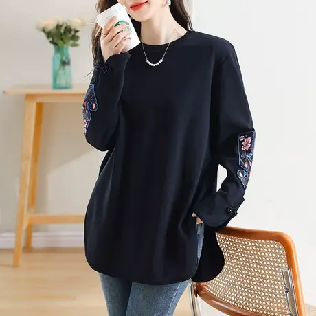 春秋新款长袖T恤女宽松加大码女装中年妈妈遮肚中长款显瘦打底衫图片