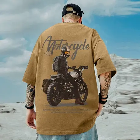 2025重磅美式加肥加大机车短袖t恤大码圆领纯棉胖子男装潮流半袖商品大图