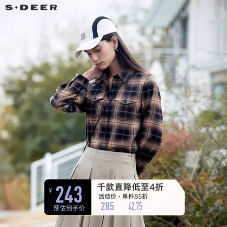 sdeer圣迪奥女装春装新品美拉德风复古翻领格纹怀旧衬衫S24160505图片