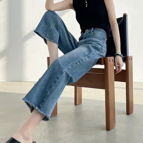 八分阔腿牛仔裤女春秋新款裤子毛边九分小个子高腰显瘦宽松直筒裤图片