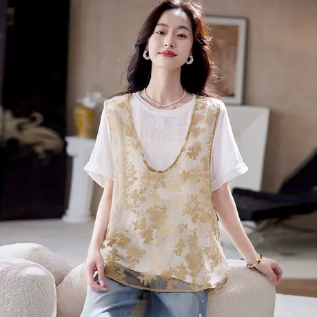 宝诗黎两件套提花马甲T恤2025夏季时尚百搭休闲简约宽松短袖上衣图片