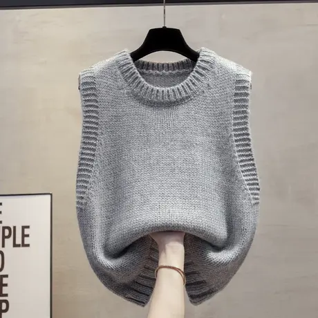 棒针羊毛圆领针织马甲背心女2025春秋新款宽松外穿马夹厚毛衣坎肩商品大图