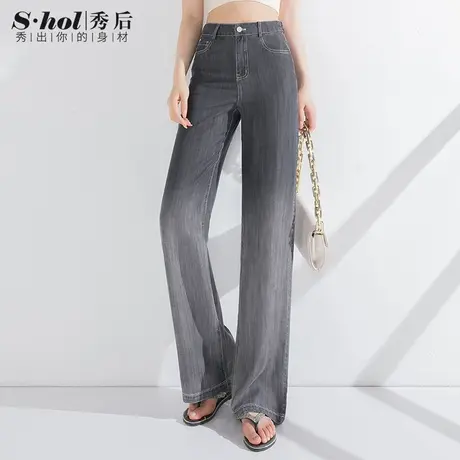 秀后莱赛尔天丝牛仔裤女夏季薄款高腰复古渐变灰色宽松显瘦阔腿裤商品大图