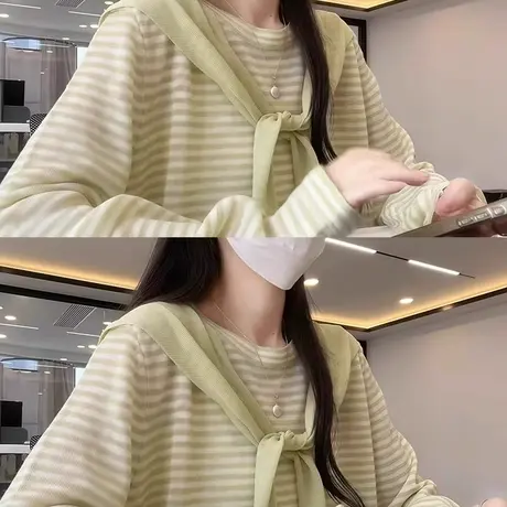 条纹披肩两件套宽松防晒罩衫长袖T恤女夏季小个子设计感正肩上衣商品大图
