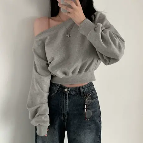 复古chic港味一字领露肩长袖卫衣女春秋薄款韩版宽松短款甜辣上衣图片