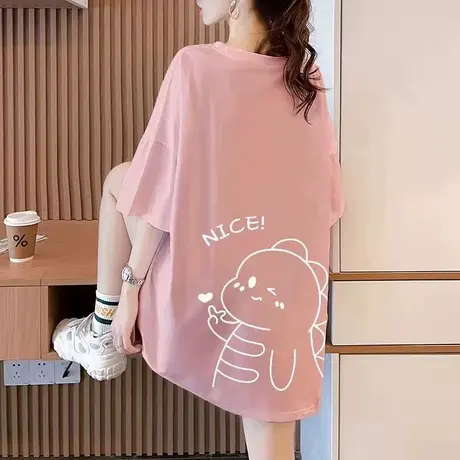 纯棉短袖t恤女2024新款夏季中长款设计感小众卡通体恤上衣ins潮牌商品大图