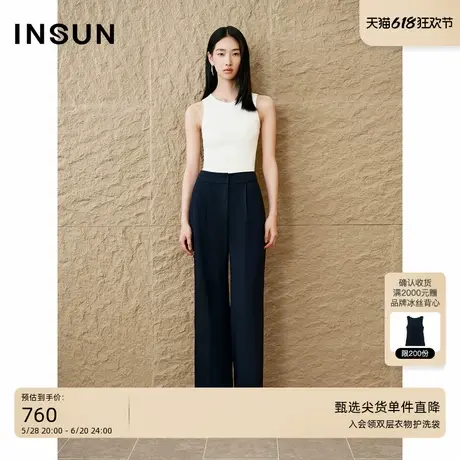 INSUN恩裳专选秋季简约褶裥弹力直筒休闲裤商品大图