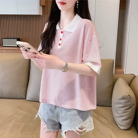 polo领短袖t恤女夏季韩版宽松大码女装条纹小个子半袖假两件上衣商品大图