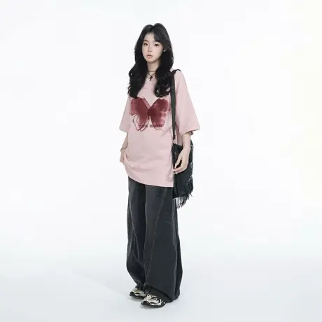 yep蝴蝶纯棉美式复古脏粉色短袖t恤女夏季新款情侣装半袖上衣潮牌图片