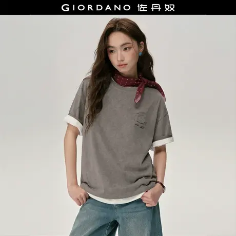 设计师款佐丹奴宽松T恤女新款复古立体绣花圆领短袖T恤女18325816图片