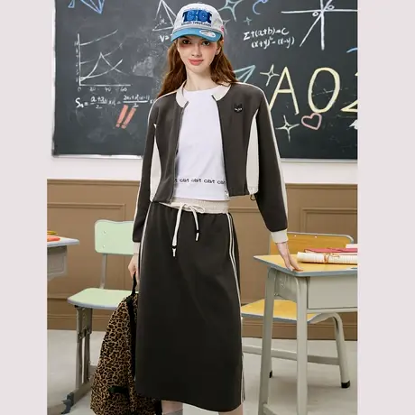 a02美式复古立领短款长袖卫衣半截裙两件套2025春季休闲女式套装商品大图