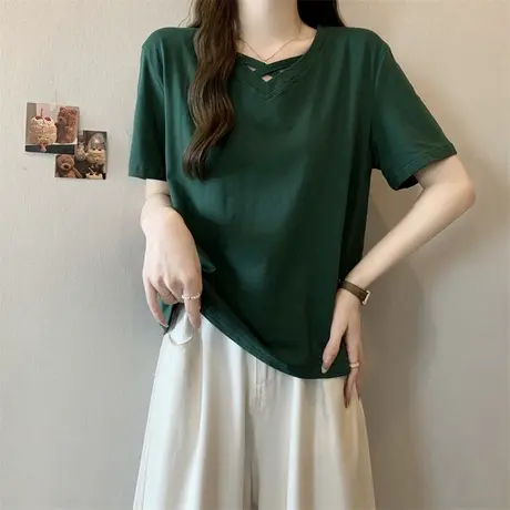 设计感小众别致V领短袖T恤女夏季韩版宽松打底衫内搭纯棉半袖上衣商品大图