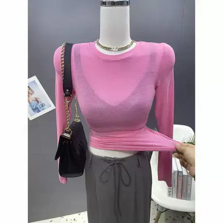 软糯亲肤~显身材短款紧身圆领长袖t恤女薄款显胸透视打底衫上衣潮图片
