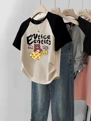 女装2023新款夏季插肩短袖胖mm学院风正肩t恤独特别致短款上衣ins商品大图