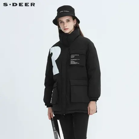 sdeer圣迪奥冬季时尚休闲立领印花黑色短款羽绒服女S20482437图片