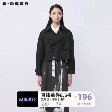 sdeer圣迪奥女装时尚翻领双排扣短款黑色夹克外套S21382214🏟商品大图