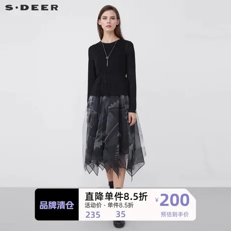 sdeer圣迪奥女装圆领收腰网纱印花两件连衣裙S213Z1229商品大图