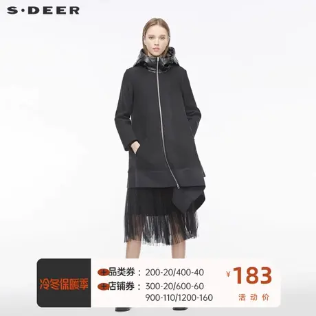 sdeer圣迪奥女装高领连帽拼接不规则摆黑色长款风衣外套S19481754🤤商品大图