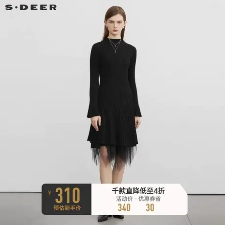 sdeer圣迪奥女装网纱长袖针织两件套黑色连衣裙S224Z1233商品大图