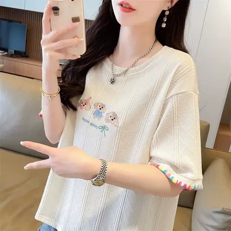 设计感小众短袖t恤女2024新款夏季韩版宽松大码女装撞色学生上衣商品大图