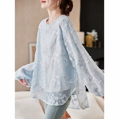 宝诗黎圆领烫钻刺绣拼接雪纺衫2025春季大码宽松气质百搭洋气衬衣商品大图