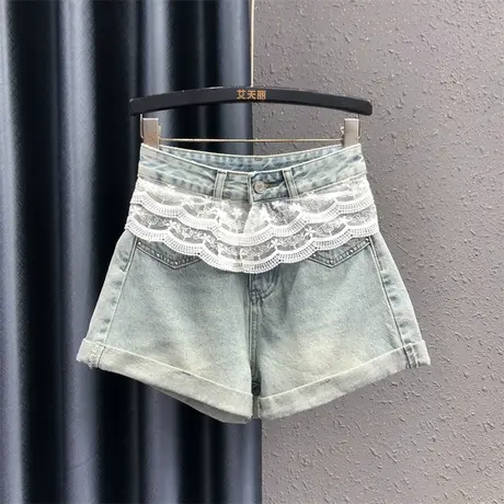 蕾丝腰头拼接百搭牛仔短裤女2025年新款夏季小香风阔腿热裤少女感商品大图