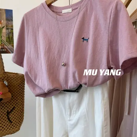 胸前小小格子狗刺绣凉感雪花棉四色短袖T恤女百搭休闲薄款上衣夏商品大图