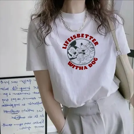 白色宽松短袖t恤女2025年欧货中领印花上衣遮肚子内搭夏季半高领商品大图