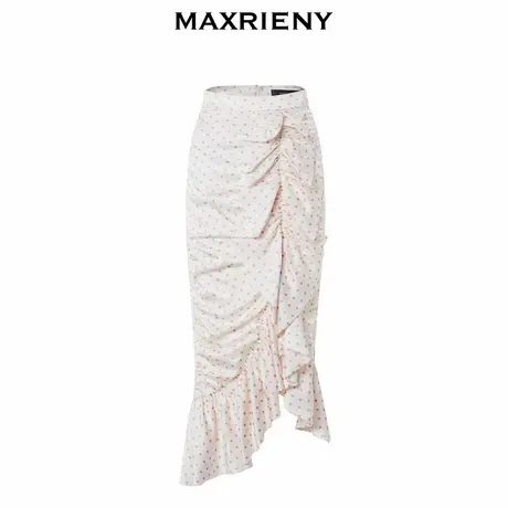 【奥莱】MAXRIENY复古粉波点抽褶鱼尾半裙雪纺裙图片