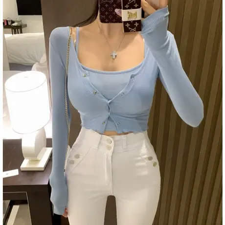 醉爱~显胸上衣ins紧身显身材短款开衫小外套+吊带小背心两件套女图片