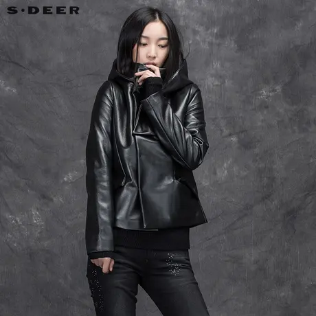 sdeer圣迪奥女装秋冬装几何PU拼接设计感连帽外套S15482254图片