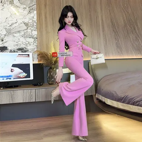 VJE气质减龄职业OL双排扣连体裤女春季新款时尚连身喇叭长裤商品大图