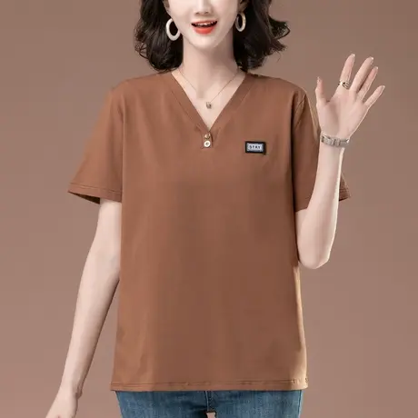 V领短袖T恤女夏季宽松加肥加大码女装中老年妈妈休闲纯棉显瘦上衣商品大图