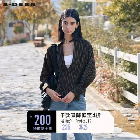 sdeer圣迪奥女装春装新品OL风翻领斜襟撞色条纹垂坠衬衫S24160503图片