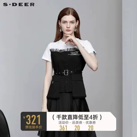 sdeer圣迪奥女装圆领字母收腰网纱拼接T恤S222Z0115图片