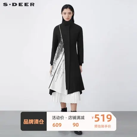 sdeer圣迪奥女装时尚高领字母印花不规则毛呢大衣S21481859图片
