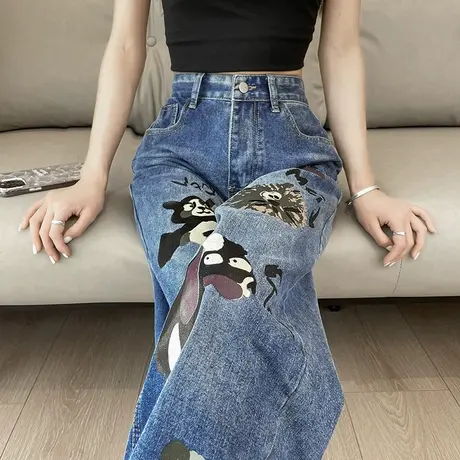 美式卡通涂鸦可爱牛仔裤女春夏新款高腰宽松直筒休闲阔腿拖地长裤商品大图