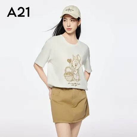 A21女装宽松显瘦圆领T恤韩版印花字母兔子落肩袖上衣百搭休闲简约图片