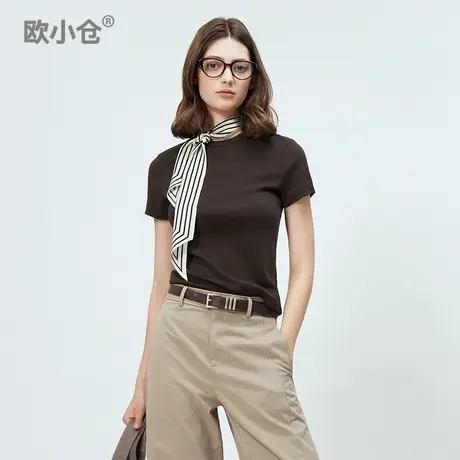 欧小仓 减龄感蛇形纱螺纹棉质圆领短袖T恤 修身不勒肉正肩女t恤图片