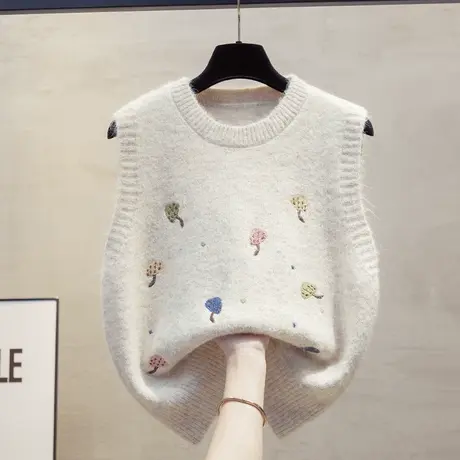 绣花圆领针织马甲背心女2025春秋新款宽松外穿马夹叠穿毛衣坎肩潮商品大图