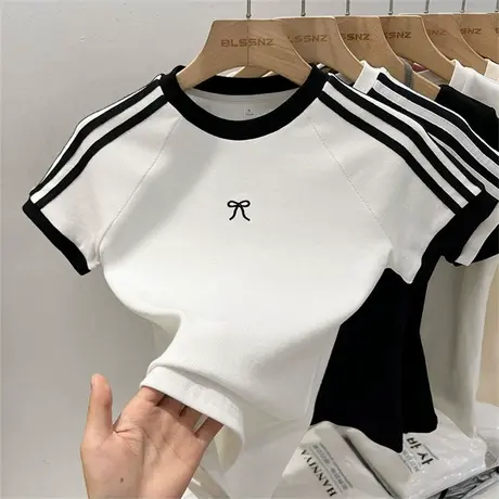 拼接撞色条纹插肩袖T恤女夏季2025新款韩版修身小个子短款上衣潮商品大图