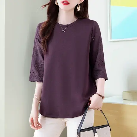 时尚洋气中袖t恤女夏季新款宽松遮肚子显瘦中年妈妈上衣减龄小衫商品大图