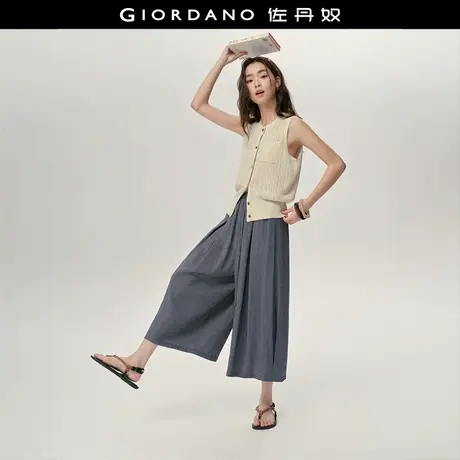 设计师款佐丹奴裙裤女亚麻感收褶休闲裤松紧腰九分阔腿裤18425209商品大图