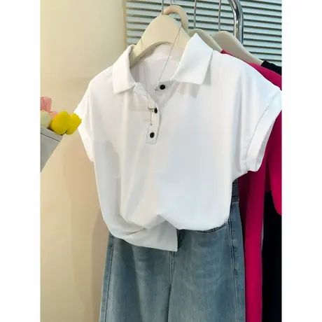 白色Polo领飞飞袖T恤女夏装2025新款半袖修身显瘦设计感短袖上衣图片