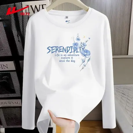 回力白色纯棉长袖t恤女2025春秋季新款打底衫设计感印花宽松上衣图片