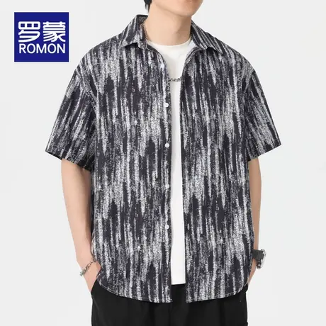 罗蒙男士短袖衬衫夏季薄款2025新款宽松翻领潮流百搭扎染上衣男款图片