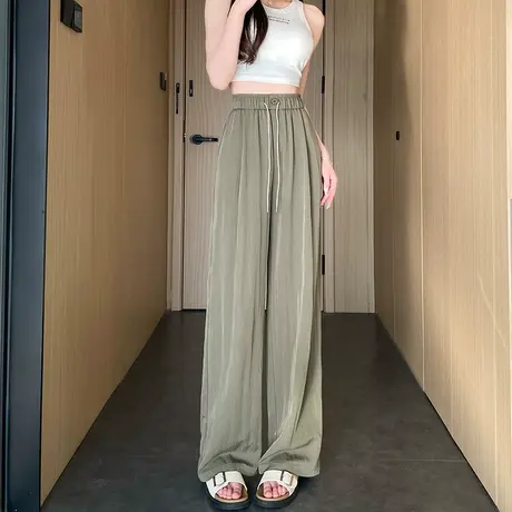 阔腿裤女春秋新款高腰垂感休闲直筒显瘦百搭窄版绿色肌理感褶皱裤商品大图