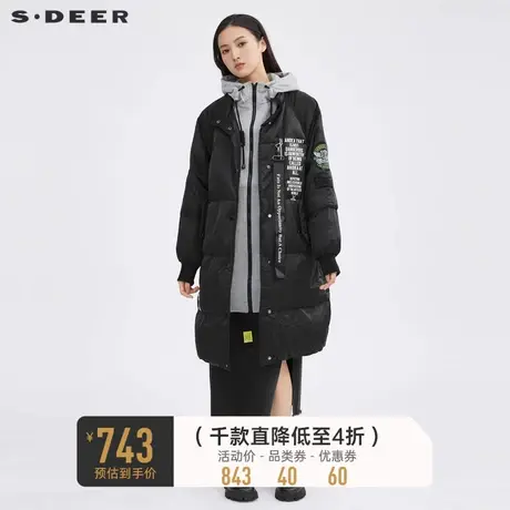 sdeer圣迪奥女装高领连帽撞色字母印花飘带中长款羽绒服S214Z2483💴商品大图